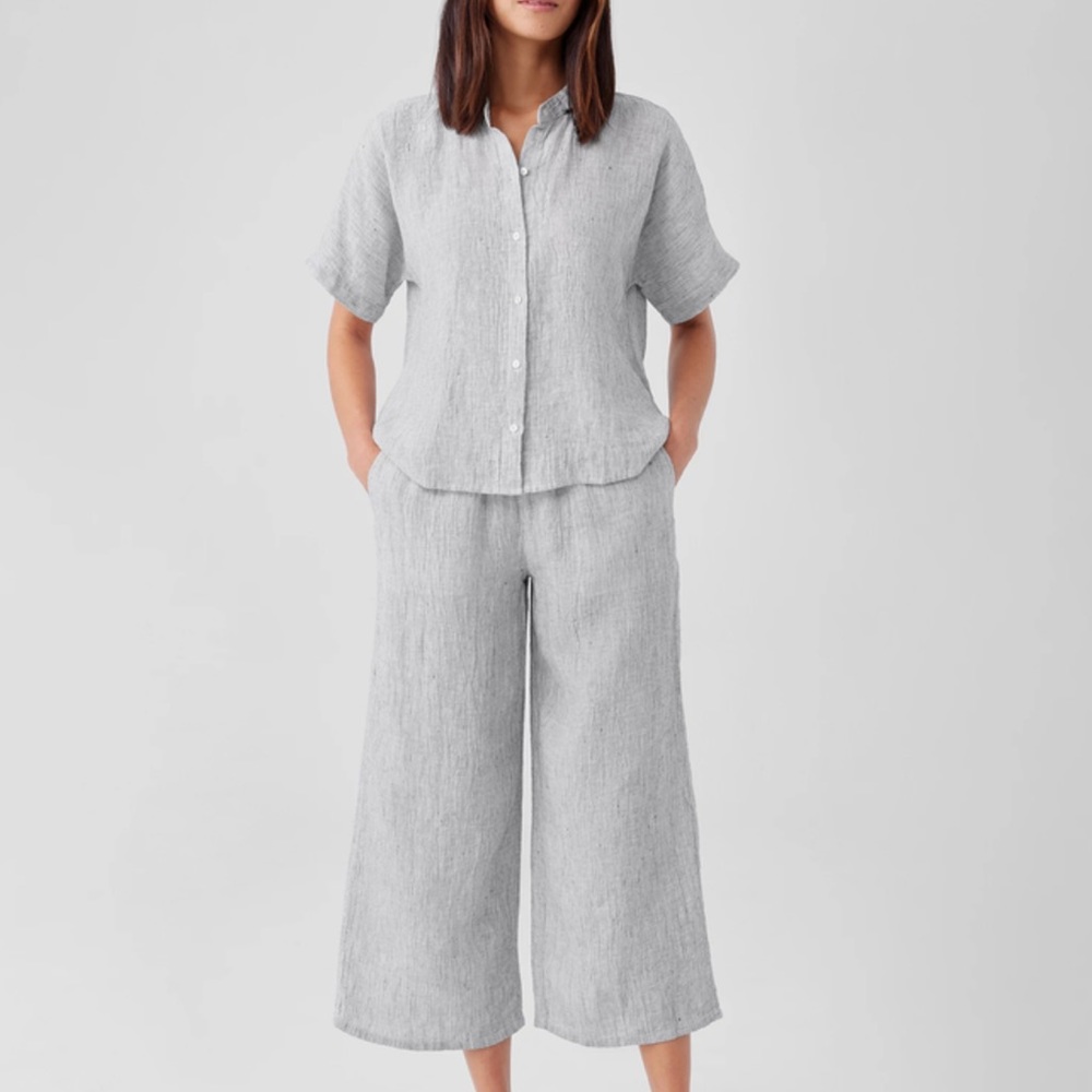 Eileen Fisher Crinkled 100% Organic Linen Stripe Wide-Leg Pant